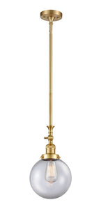 206-SG-G202-8 Stem Hung 8" Satin Gold Mini Pendant - Clear Beacon Glass - LED Bulb - Dimmensions: 8 x 8 x 14.25<br>Minimum Height : 24.875<br>Maximum Height : 49 - Sloped Ceiling Compatible: Yes