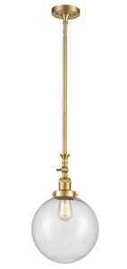 206-SG-G204-10 Stem Hung 10" Satin Gold Mini Pendant - Seedy Beacon Glass - LED Bulb - Dimmensions: 10 x 10 x 16<br>Minimum Height : 26.875<br>Maximum Height : 51 - Sloped Ceiling Compatible: Yes