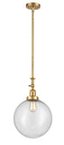 206-SG-G204-12 Stem Hung 12" Satin Gold Mini Pendant - Seedy Beacon Glass - LED Bulb - Dimmensions: 12 x 12 x 18<br>Minimum Height : 28.875<br>Maximum Height : 53 - Sloped Ceiling Compatible: Yes