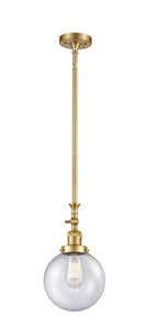 206-SG-G204-8 Stem Hung 8" Satin Gold Mini Pendant - Seedy Beacon Glass - LED Bulb - Dimmensions: 8 x 8 x 14.25<br>Minimum Height : 24.875<br>Maximum Height : 49 - Sloped Ceiling Compatible: Yes