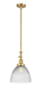 206-SG-G222 Stem Hung 9.5" Satin Gold Mini Pendant - Clear Halophane Seneca Falls Glass - LED Bulb - Dimmensions: 9.5 x 9.5 x 14.625<br>Minimum Height : 25.125<br>Maximum Height : 49.25 - Sloped Ceiling Compatible: Yes
