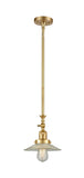 206-SG-G2 Stem Hung 8.5" Satin Gold Mini Pendant - Clear Halophane Glass - LED Bulb - Dimmensions: 8.5 x 8.5 x 12<br>Minimum Height : 19.125<br>Maximum Height : 43.25 - Sloped Ceiling Compatible: Yes