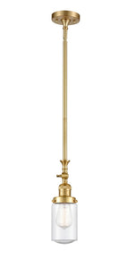 206-SG-G314 Stem Hung 4.5" Satin Gold Mini Pendant - Seedy Dover Glass - LED Bulb - Dimmensions: 4.5 x 4.5 x 12.75<br>Minimum Height : 23.325<br>Maximum Height : 47.75 - Sloped Ceiling Compatible: Yes