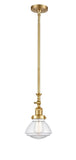 206-SG-G322 Stem Hung 6.75" Satin Gold Mini Pendant - Clear Olean Glass - LED Bulb - Dimmensions: 6.75 x 6.75 x 11.75<br>Minimum Height : 22.125<br>Maximum Height : 46.25 - Sloped Ceiling Compatible: Yes