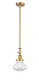 206-SG-G324 Stem Hung 6.75" Satin Gold Mini Pendant - Seedy Olean Glass - LED Bulb - Dimmensions: 6.75 x 6.75 x 11.75<br>Minimum Height : 22.125<br>Maximum Height : 46.25 - Sloped Ceiling Compatible: Yes