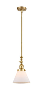 206-SG-G41 Stem Hung 8" Satin Gold Mini Pendant - Matte White Cased Large Cone Glass - LED Bulb - Dimmensions: 8 x 8 x 14<br>Minimum Height : 23.125<br>Maximum Height : 47.25 - Sloped Ceiling Compatible: Yes