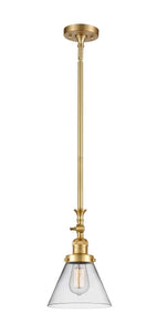 206-SG-G42 Stem Hung 8" Satin Gold Mini Pendant - Clear Large Cone Glass - LED Bulb - Dimmensions: 8 x 8 x 14<br>Minimum Height : 23.125<br>Maximum Height : 47.25 - Sloped Ceiling Compatible: Yes