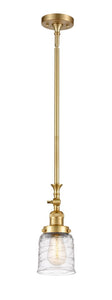206-SG-G513 Stem Hung 5" Satin Gold Mini Pendant - Clear Deco Swirl Small Bell Glass - LED Bulb - Dimmensions: 5 x 5 x 14<br>Minimum Height : 22.875<br>Maximum Height : 47 - Sloped Ceiling Compatible: Yes