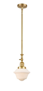 206-SG-G531 Stem Hung 7.5" Satin Gold Mini Pendant - Matte White Cased Small Oxford Glass - LED Bulb - Dimmensions: 7.5 x 7.5 x 12<br>Minimum Height : 22.875<br>Maximum Height : 47 - Sloped Ceiling Compatible: Yes