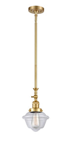 206-SG-G532 Stem Hung 7.5" Satin Gold Mini Pendant - Clear Small Oxford Glass - LED Bulb - Dimmensions: 7.5 x 7.5 x 12<br>Minimum Height : 22.875<br>Maximum Height : 47 - Sloped Ceiling Compatible: Yes