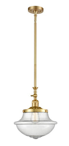 206-SG-G544 Stem Hung 11.75" Satin Gold Mini Pendant - Seedy Large Oxford Glass - LED Bulb - Dimmensions: 11.75 x 11.75 x 15<br>Minimum Height : 25.25<br>Maximum Height : 49.375 - Sloped Ceiling Compatible: Yes