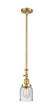 206-SG-G54 Stem Hung 5" Satin Gold Mini Pendant - Seedy Small Bell Glass - LED Bulb - Dimmensions: 5 x 5 x 14<br>Minimum Height : 22.875<br>Maximum Height : 47 - Sloped Ceiling Compatible: Yes