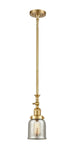 206-SG-G58 Stem Hung 5" Satin Gold Mini Pendant - Silver Plated Mercury Small Bell Glass - LED Bulb - Dimmensions: 5 x 5 x 13<br>Minimum Height : 22.875<br>Maximum Height : 47 - Sloped Ceiling Compatible: Yes