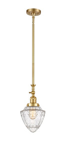 206-SG-G664-7 Stem Hung 7" Satin Gold Mini Pendant - Seedy Small Bullet Glass - LED Bulb - Dimmensions: 7 x 7 x 17<br>Minimum Height : 26<br>Maximum Height : 50 - Sloped Ceiling Compatible: Yes