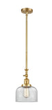 206-SG-G72 Stem Hung 8" Satin Gold Mini Pendant - Clear Large Bell Glass - LED Bulb - Dimmensions: 8 x 8 x 14<br>Minimum Height : 22.875<br>Maximum Height : 47 - Sloped Ceiling Compatible: Yes