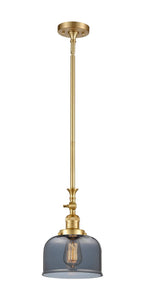 206-SG-G73 Stem Hung 8" Satin Gold Mini Pendant - Plated Smoke Large Bell Glass - LED Bulb - Dimmensions: 8 x 8 x 14<br>Minimum Height : 22.875<br>Maximum Height : 47 - Sloped Ceiling Compatible: Yes