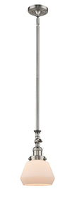 206-SN-G171 Stem Hung 7" Brushed Satin Nickel Mini Pendant - Matte White Cased Fulton Glass - LED Bulb - Dimmensions: 7 x 7 x 14<br>Minimum Height : 22.375<br>Maximum Height : 46.5 - Sloped Ceiling Compatible: Yes