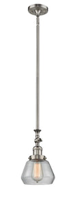 206-SN-G172 Stem Hung 7" Brushed Satin Nickel Mini Pendant - Clear Fulton Glass - LED Bulb - Dimmensions: 7 x 7 x 14<br>Minimum Height : 22.375<br>Maximum Height : 46.5 - Sloped Ceiling Compatible: Yes