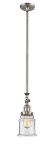 206-SN-G184 Stem Hung 6.5" Brushed Satin Nickel Mini Pendant - Seedy Canton Glass - LED Bulb - Dimmensions: 6.5 x 6.5 x 14<br>Minimum Height : 24.375<br>Maximum Height : 48.5 - Sloped Ceiling Compatible: Yes