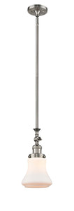 206-SN-G191 Stem Hung 6.5" Brushed Satin Nickel Mini Pendant - Matte White Bellmont Glass - LED Bulb - Dimmensions: 6.5 x 6.5 x 14<br>Minimum Height : 23.375<br>Maximum Height : 47.5 - Sloped Ceiling Compatible: Yes