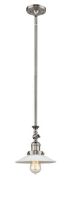 206-SN-G1 Stem Hung 8.5" Brushed Satin Nickel Mini Pendant - White Halophane Glass - LED Bulb - Dimmensions: 8.5 x 8.5 x 12<br>Minimum Height : 19.125<br>Maximum Height : 43.25 - Sloped Ceiling Compatible: Yes