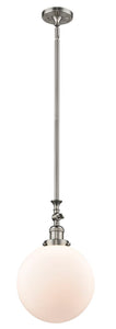 206-SN-G201-10 Stem Hung 10" Brushed Satin Nickel Mini Pendant - Matte White Cased Beacon Glass - LED Bulb - Dimmensions: 10 x 10 x 16<br>Minimum Height : 26.875<br>Maximum Height : 51 - Sloped Ceiling Compatible: Yes