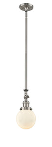 206-SN-G201-6 Stem Hung 6" Brushed Satin Nickel Mini Pendant - Matte White Cased Beacon Glass - LED Bulb - Dimmensions: 6 x 6 x 12.25<br>Minimum Height : 22.875<br>Maximum Height : 47 - Sloped Ceiling Compatible: Yes