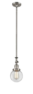 206-SN-G202-6 Stem Hung 6" Brushed Satin Nickel Mini Pendant - Clear Beacon Glass - LED Bulb - Dimmensions: 6 x 6 x 12.25<br>Minimum Height : 22.875<br>Maximum Height : 47 - Sloped Ceiling Compatible: Yes