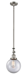 206-SN-G202-8 Stem Hung 8" Brushed Satin Nickel Mini Pendant - Clear Beacon Glass - LED Bulb - Dimmensions: 8 x 8 x 14.25<br>Minimum Height : 24.875<br>Maximum Height : 49 - Sloped Ceiling Compatible: Yes