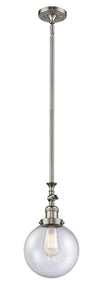 206-SN-G204-8 Stem Hung 8" Brushed Satin Nickel Mini Pendant - Seedy Beacon Glass - LED Bulb - Dimmensions: 8 x 8 x 14.25<br>Minimum Height : 24.875<br>Maximum Height : 49 - Sloped Ceiling Compatible: Yes