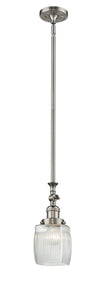 206-SN-G302 Stem Hung 5.5" Brushed Satin Nickel Mini Pendant - Thick Clear Halophane Colton Glass - LED Bulb - Dimmensions: 5.5 x 5.5 x 11<br>Minimum Height : 23.125<br>Maximum Height : 47.25 - Sloped Ceiling Compatible: Yes