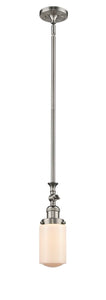 206-SN-G311 Stem Hung 4.5" Brushed Satin Nickel Mini Pendant - Matte White Cased Dover Glass - LED Bulb - Dimmensions: 4.5 x 4.5 x 12.75<br>Minimum Height : 23.325<br>Maximum Height : 47.75 - Sloped Ceiling Compatible: Yes
