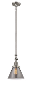 206-SN-G43 Stem Hung 8" Brushed Satin Nickel Mini Pendant - Plated Smoke Large Cone Glass - LED Bulb - Dimmensions: 8 x 8 x 14<br>Minimum Height : 23.125<br>Maximum Height : 47.25 - Sloped Ceiling Compatible: Yes