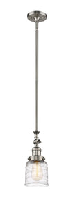 206-SN-G513 Stem Hung 5" Brushed Satin Nickel Mini Pendant - Clear Deco Swirl Small Bell Glass - LED Bulb - Dimmensions: 5 x 5 x 14<br>Minimum Height : 22.875<br>Maximum Height : 47 - Sloped Ceiling Compatible: Yes