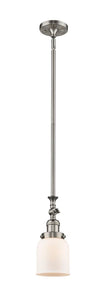 206-SN-G51 Stem Hung 5" Brushed Satin Nickel Mini Pendant - Matte White Cased Small Bell Glass - LED Bulb - Dimmensions: 5 x 5 x 14<br>Minimum Height : 22.875<br>Maximum Height : 47 - Sloped Ceiling Compatible: Yes