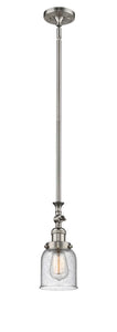 206-SN-G54 Stem Hung 5" Brushed Satin Nickel Mini Pendant - Seedy Small Bell Glass - LED Bulb - Dimmensions: 5 x 5 x 14<br>Minimum Height : 22.875<br>Maximum Height : 47 - Sloped Ceiling Compatible: Yes