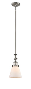 206-SN-G61 Stem Hung 6" Brushed Satin Nickel Mini Pendant - Matte White Cased Small Cone Glass - LED Bulb - Dimmensions: 6 x 6 x 14<br>Minimum Height : 22.875<br>Maximum Height : 47 - Sloped Ceiling Compatible: Yes