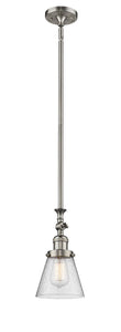 206-SN-G64 Stem Hung 6" Brushed Satin Nickel Mini Pendant - Seedy Small Cone Glass - LED Bulb - Dimmensions: 6 x 6 x 14<br>Minimum Height : 22.875<br>Maximum Height : 47 - Sloped Ceiling Compatible: Yes