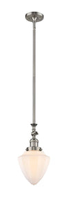 206-SN-G661-7 Stem Hung 7" Brushed Satin Nickel Mini Pendant - Matte White Cased Small Bullet Glass - LED Bulb - Dimmensions: 7 x 7 x 17<br>Minimum Height : 26<br>Maximum Height : 50 - Sloped Ceiling Compatible: Yes