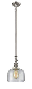 206-SN-G74 Stem Hung 8" Brushed Satin Nickel Mini Pendant - Seedy Large Bell Glass - LED Bulb - Dimmensions: 8 x 8 x 14<br>Minimum Height : 22.875<br>Maximum Height : 47 - Sloped Ceiling Compatible: Yes