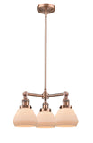207-AC-G171 3-Light 22" Antique Copper Chandelier - Matte White Cased Fulton Glass - LED Bulb - Dimmensions: 22 x 22 x 13<br>Minimum Height : 20.375<br>Maximum Height : 44.375 - Sloped Ceiling Compatible: Yes