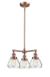 207-AC-G172 3-Light 22" Antique Copper Chandelier - Clear Fulton Glass - LED Bulb - Dimmensions: 22 x 22 x 13<br>Minimum Height : 20.375<br>Maximum Height : 44.375 - Sloped Ceiling Compatible: Yes