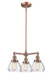 207-AC-G172 3-Light 22" Antique Copper Chandelier - Clear Fulton Glass - LED Bulb - Dimmensions: 22 x 22 x 13<br>Minimum Height : 20.375<br>Maximum Height : 44.375 - Sloped Ceiling Compatible: Yes