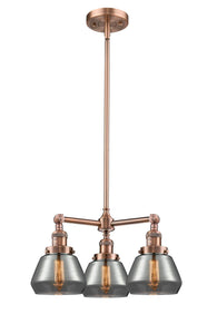 207-AC-G173 3-Light 22" Antique Copper Chandelier - Plated Smoke Fulton Glass - LED Bulb - Dimmensions: 22 x 22 x 13<br>Minimum Height : 20.375<br>Maximum Height : 44.375 - Sloped Ceiling Compatible: Yes