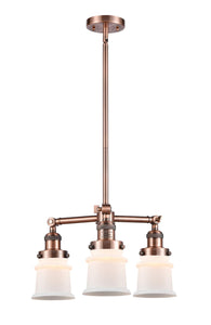 207-AC-G181S 3-Light 18" Antique Copper Chandelier - Matte White Small Canton Glass - LED Bulb - Dimmensions: 18 x 18 x 13<br>Minimum Height : 20.625<br>Maximum Height : 44.625 - Sloped Ceiling Compatible: Yes
