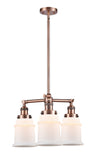 207-AC-G181 3-Light 18" Antique Copper Chandelier - Matte White Canton Glass - LED Bulb - Dimmensions: 18 x 18 x 13<br>Minimum Height : 22.375<br>Maximum Height : 46.375 - Sloped Ceiling Compatible: Yes