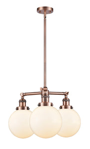 207-AC-G201-8 3-Light 22" Antique Copper Chandelier - Matte White Cased Beacon Glass - LED Bulb - Dimmensions: 22 x 22 x 13.75<br>Minimum Height : 22.875<br>Maximum Height : 46.875 - Sloped Ceiling Compatible: Yes