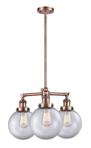 207-AC-G202-8 3-Light 22" Antique Copper Chandelier - Clear Beacon Glass - LED Bulb - Dimmensions: 22 x 22 x 13.75<br>Minimum Height : 22.875<br>Maximum Height : 46.875 - Sloped Ceiling Compatible: Yes