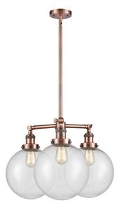 207-AC-G204-10 3-Light 24" Antique Copper Chandelier - Seedy Beacon Glass - LED Bulb - Dimmensions: 24 x 24 x 13.75<br>Minimum Height : 24.875<br>Maximum Height : 48.875 - Sloped Ceiling Compatible: Yes