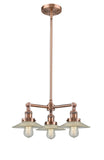 207-AC-G2 3-Light 21.625" Antique Copper Chandelier - Clear Halophane Glass - LED Bulb - Dimmensions: 21.625 x 21.625 x 8<br>Minimum Height : 17.125<br>Maximum Height : 41.125 - Sloped Ceiling Compatible: Yes